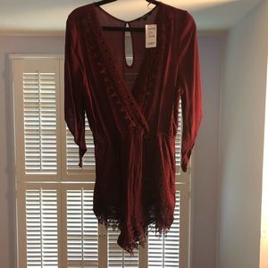 NWT Burgundy Lace Trim Romper